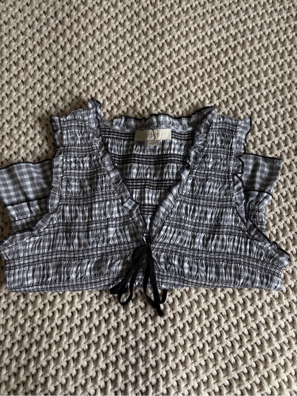 LOFT Black & White Smocked Tie-Front Tank